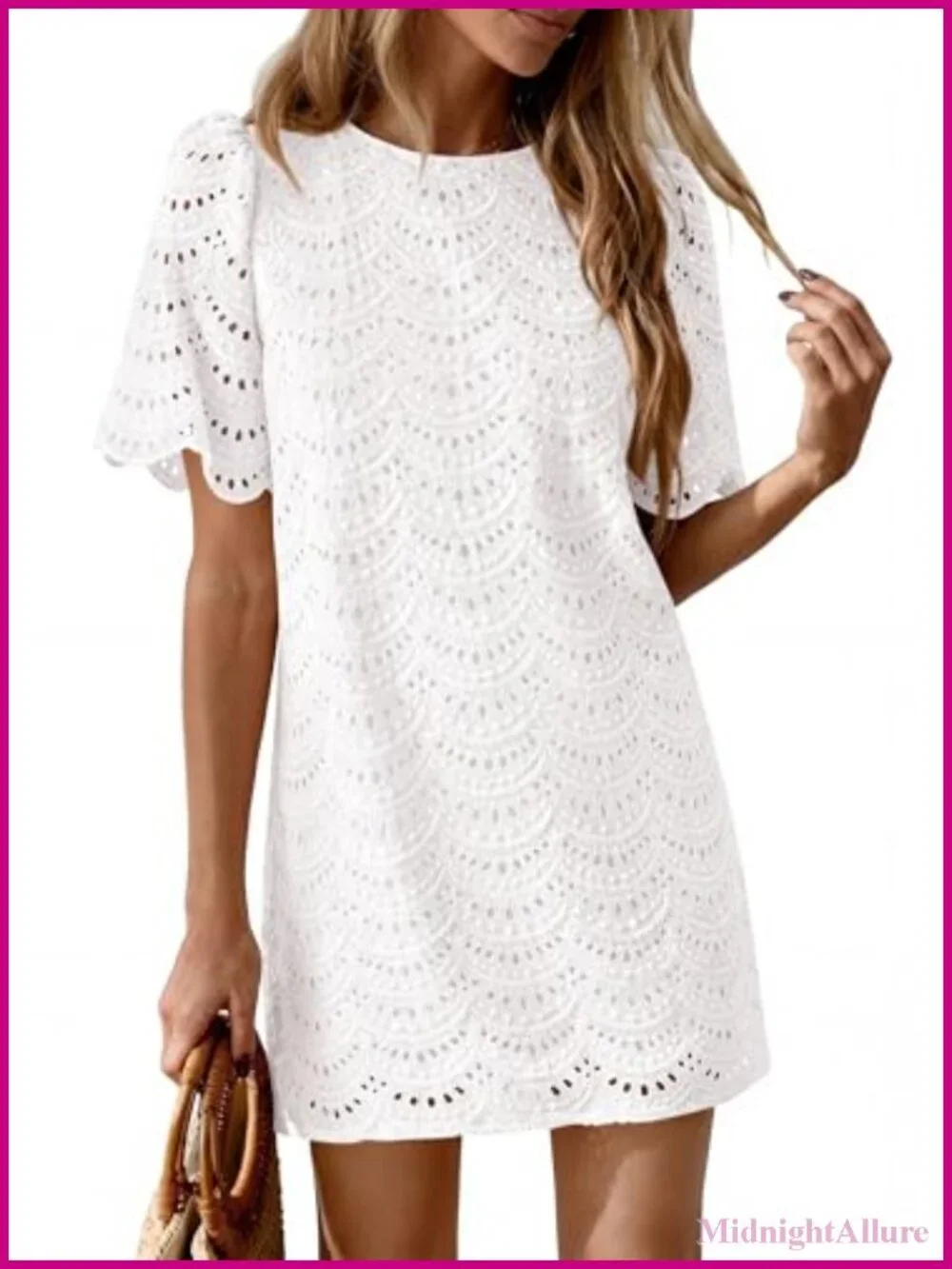 Embroidered Eyelet Cotton Shift Dress Short Sleeve Summer Mini Dress